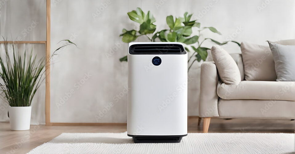 Air purifier in living room for filter and cleaning removing dust PM2.5 HEPA in home, for fresh air and healthy life,Air Pollution Concept