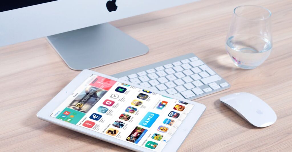 Sleek home office setup featuring an iMac and iPad showcasing apps.